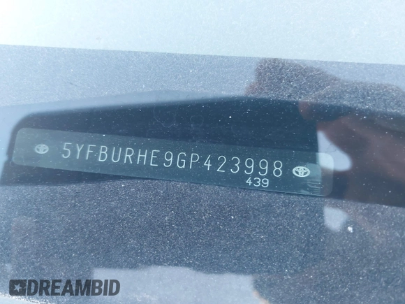2016 Toyota Corolla L with VIN 5YFBURHE9GP423998, listed as a IAAI auction lot 41635762 with 92,652 mi miles and . Bid and sale history available at DreamBid. Image 9.