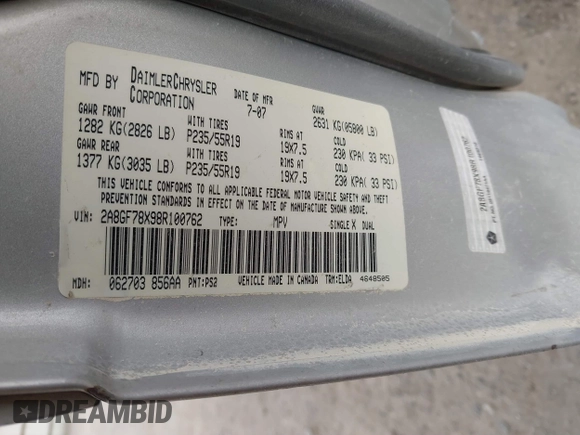 2008 Chrysler Pacifica Limited с VIN 2A8GF78X98R100762, выставлен на аукционе IAAI как лот 41462095 с пробегом 161 253 миль миль и . История ставок и продаж доступна на DreamBid. Изображение 9.