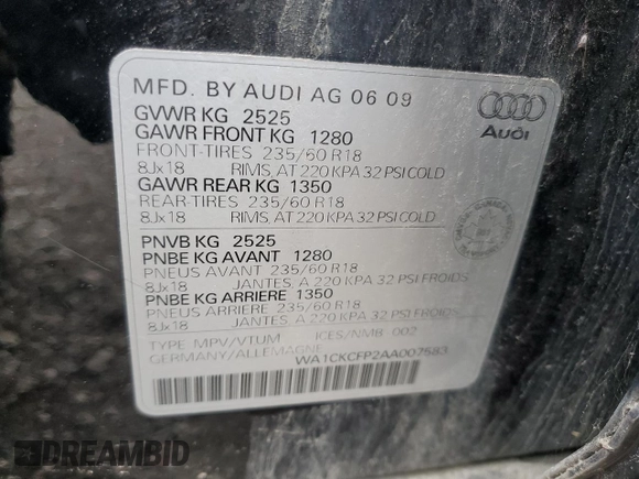 2010 Audi Q5 with VIN WA1CKCFP2AA007583, listed as a Copart auction lot 72883654 with 130,948 mi miles and Clean title. Bid and sale history available at DreamBid. Image 13.