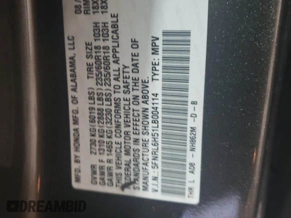 2020 Honda Odyssey EX with VIN 5FNRL6H51LB004114, listed as a Copart auction lot 46118975 with 87,542 mi miles and Non repairable. Bid and sale history available at DreamBid. Image 13.