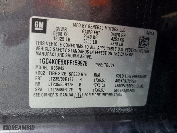 2015 Chevrolet Silverado 3500HD LTZ with VIN 1GC4K0E8XFF159978, listed as a Copart auction lot 78311464 with 0 mi miles and Non Repairable. Bid and sale history available at carsss.com. Image 13.