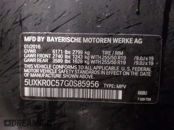 2016 BMW X5 xDrive35i with VIN 5UXKR0C57G0S85956, listed as a IAAI auction lot 41708072 with 409,161 mi miles. Bid and sale history available at carsss.com. Image 9.