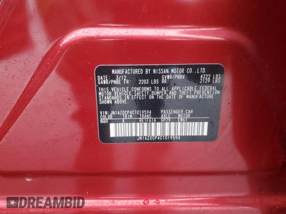 2012 Nissan LEAF SL with VIN JN1AZ0CP4CT019594, listed as a Copart auction lot 43593215 with 62,110 mi miles and Clean Title. Bid and sale history available at DreamBid. Image 12.
