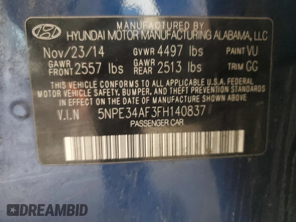 2015 Hyundai Sonata Sport with VIN 5NPE34AF3FH140837, listed as a Copart auction lot 56238805 with 83,546 mi miles and Salvage title. Bid and sale history available at DreamBid. Image 12.