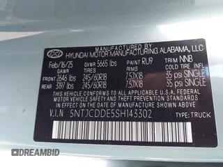 2025 Hyundai Santa Cruz SEL Activity z VIN 5NTJCDDE5SH143302, wystawiony jako IAAI lot #41924997 z przebiegiem 630 mil mil oraz . Historia ofert i sprzedaży dostępna na DreamBid. Obrazek 9.