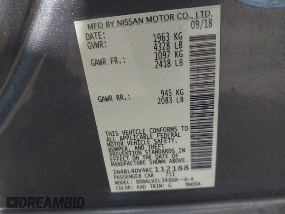 2019 Nissan Altima SV z VIN 1N4BL4DV4KC112188, wystawiony jako IAAI lot #42162420 z przebiegiem 115 239 mil mil oraz . Historia ofert i sprzedaży dostępna na DreamBid. Obrazek 9.