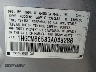 2003 Honda Accord EX with VIN 1HGCM66583A048286, listed as a Copart auction lot 64635145 with Not provided miles and Salvage title. Bid and sale history available at DreamBid. Image 12.