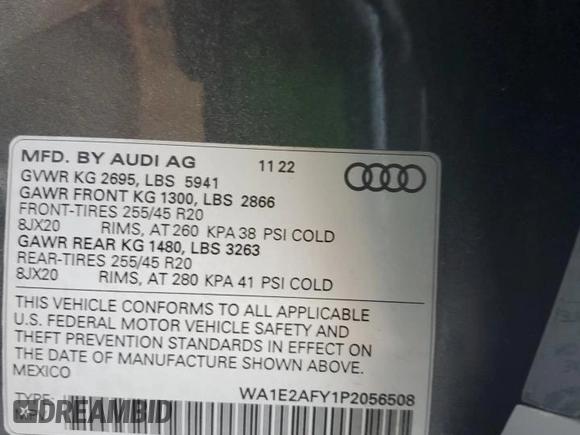 2023 Audi Q5 S line Premium Plus with VIN WA1E2AFY1P2056508, listed as a Copart auction lot 64945523 with 5,277 mi miles and . Bid and sale history available at DreamBid. Image 14.