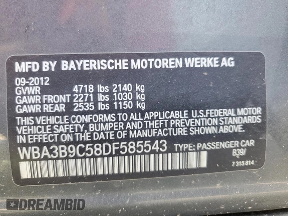 2013 BMW 3 Series 335i xDrive с VIN WBA3B9C58DF585543, выставлен на аукционе Copart как лот 56297465 с пробегом 111 436 миль миль и Чистый • Clean title. История ставок и продаж доступна на DreamBid. Изображение 12.