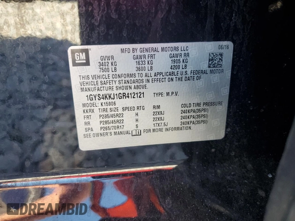 2016 Cadillac Escalade ESV Platinum z VIN 1GYS4KKJ1GR412121, wystawiony jako Copart lot #49411105 z przebiegiem 123 103 mil mil oraz Szkoda całkowita • Salvage title. Historia ofert i sprzedaży dostępna na DreamBid. Obrazek 13.