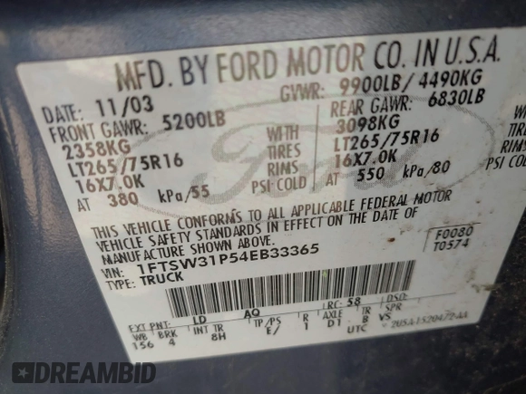 2004 Ford F-350 XL with VIN 1FTSW31P54EB33365, listed as a IAAI auction lot 42548818 with 141,437 mi miles and . Bid and sale history available at DreamBid. Image 9.
