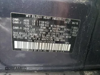 2015 Subaru Outback Premium with VIN 4S4BSACC6F3359838, listed as a Copart auction lot 61039425 with Not provided miles and Salvage title. Bid and sale history available at DreamBid. Image 12.