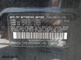 2017 Mitsubishi Mirage ES with VIN ML32A3HJ2HH017841, listed as a IAAI auction lot 42020596 with 112,959 mi miles. Bid and sale history available at carsss.com. Image 9.