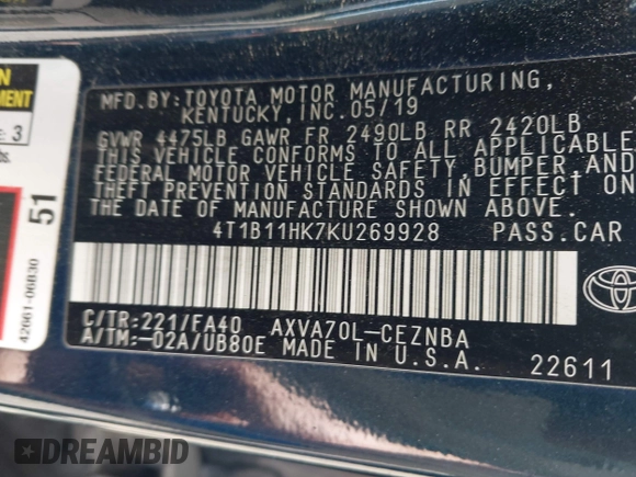 2019 Toyota Camry LE z VIN 4T1B11HK7KU269928, wystawiony jako IAAI lot #42048750 z przebiegiem 102 585 mil mil oraz . Historia ofert i sprzedaży dostępna na DreamBid. Obrazek 9.