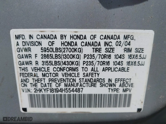 2004 Honda Pilot LX with VIN 2HKYF18194H554487, listed as a IAAI auction lot 41901037 with 1 mi miles. Bid and sale history available at carsss.com. Image 9.