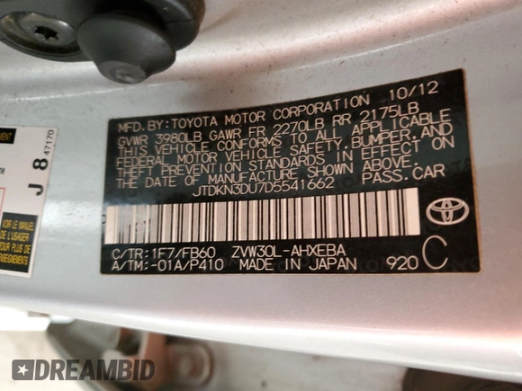 2013 Toyota Prius One with VIN JTDKN3DU7D5541662, listed as a Copart auction lot 49443365 with 159,152 mi miles and Salvage Title. Bid and sale history available at carsss.com. Image 14.