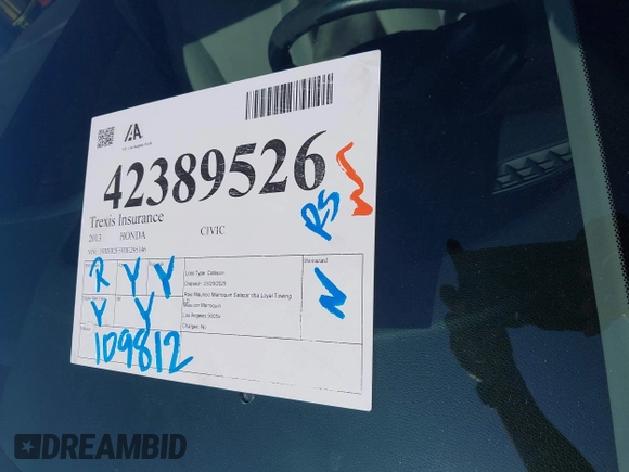 2013 Honda Civic LX z VIN 19XFB2F59DE295146, wystawiony jako IAAI lot #42389526 z przebiegiem 109 812 mil mil oraz . Historia ofert i sprzedaży dostępna na DreamBid. Obrazek 17.