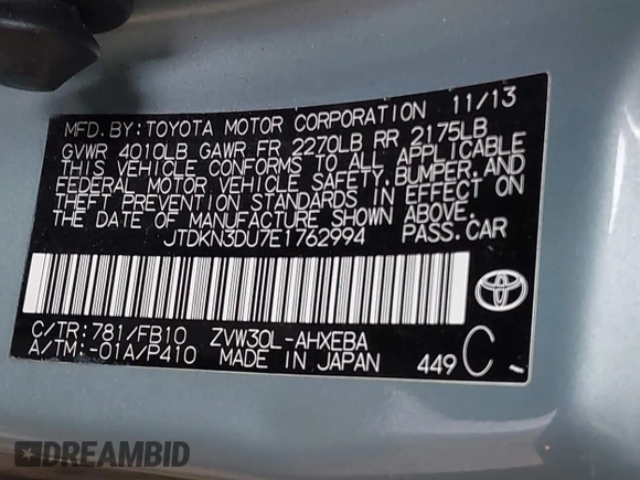2014 Toyota Prius Four with VIN JTDKN3DU7E1762994, listed as a IAAI auction lot 41914921 with 66,844 mi miles. Bid and sale history available at carsss.com. Image 9.