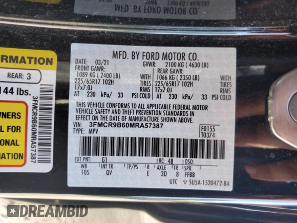 2021 Ford Bronco Sport Big Bend with VIN 3FMCR9B60MRA57387, listed as a Copart auction lot 60787565 with 106,927 mi miles and Salvage title. Bid and sale history available at DreamBid. Image 12.