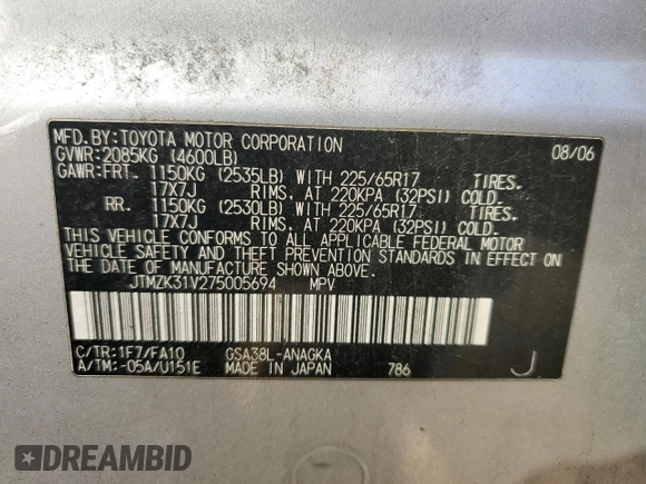 2007 Toyota RAV4 Limited with VIN JTMZK31V275005694, listed as a Copart auction lot 45049385 with 230,789 mi miles and Salvage Title. Bid and sale history available at carsss.com. Image 15.