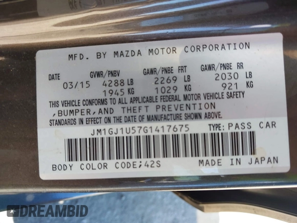 2016 Mazda 6 i Sport with VIN JM1GJ1U57G1417675, listed as a IAAI auction lot 41855939 with 111,368 mi miles and . Bid and sale history available at carsss.com. Image 9.