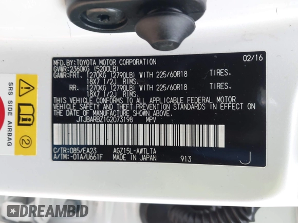 2016 Lexus NX 200t with VIN JTJBARBZ1G2073198, listed as a IAAI auction lot 41706024 with 106,459 mi miles and . Bid and sale history available at DreamBid. Image 9.
