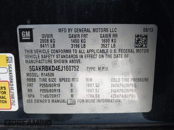 2014 Buick Enclave Leather with VIN 5GAKRBKD4EJ160752, listed as a IAAI auction lot 41843436 with 76,168 mi miles and . Bid and sale history available at DreamBid. Image 9.