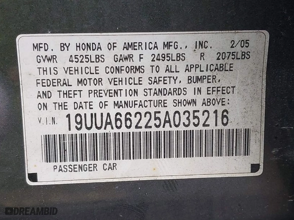 2005 Acura TL with VIN 19UUA66225A035216, listed as a IAAI auction lot 41862455 with 190207 miles. Bid and sale history available at carsss.com. Image 9.