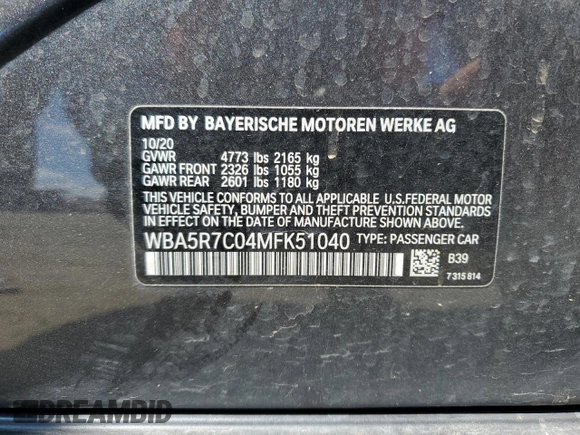 2021 BMW 3 Series 330i xDrive with VIN WBA5R7C04MFK51040, listed as a Copart auction lot 49620045 with 51,069 mi miles and Salvage Title. Bid and sale history available at carsss.com. Image 14.
