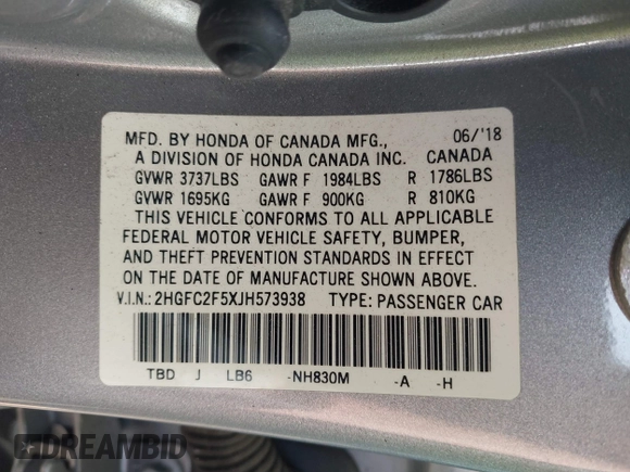 2018 Honda Civic Sedan LX with VIN 2HGFC2F5XJH573938, listed as a IAAI auction lot 42098109 with 69,037 mi miles. Bid and sale history available at carsss.com. Image 9.