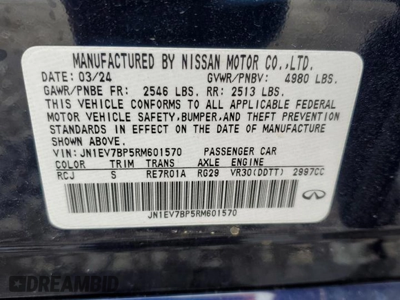 2024 Infiniti Q50 Luxe with VIN JN1EV7BP5RM601570, listed as a Copart auction lot 47571985 with 7,019 mi miles and Salvage title. Bid and sale history available at DreamBid. Image 12.