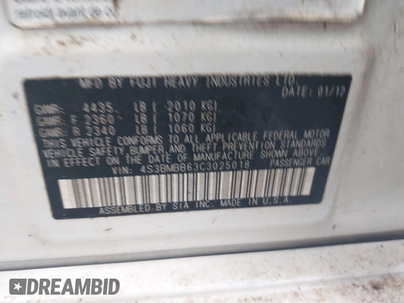 2012 Subaru Legacy Premium with VIN 4S3BMBB63C3025018, listed as a IAAI auction lot 42439830 with 225,137 mi miles and . Bid and sale history available at DreamBid. Image 9.