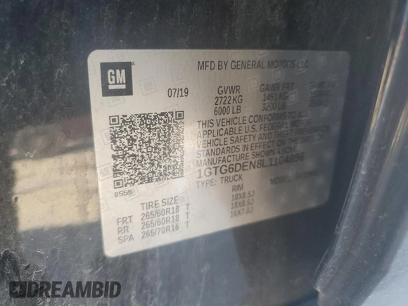 2020 GMC Canyon 4WD SLT with VIN 1GTG6DEN8L1104856, listed as a Copart auction lot 43580825 with 64,609 mi miles and Salvage Title. Bid and sale history available at carsss.com. Image 12.