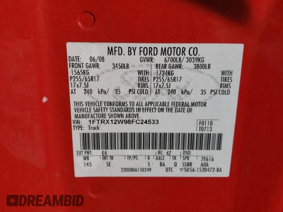 2008 Ford F-150 STX with VIN 1FTRX12W98FC24533, listed as a Copart auction lot 75516694 with 74,928 mi miles and Clean Title. Bid and sale history available at carsss.com. Image 12.