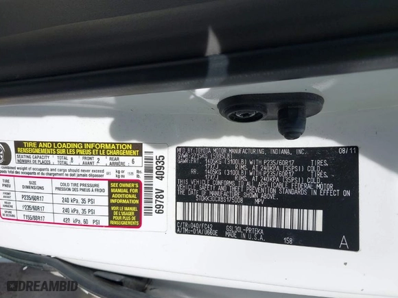 2011 Toyota Sienna LE AAS with VIN 5TDKK3DCXBS175008, listed as a IAAI auction lot 41840279 with 206,366 mi miles. Bid and sale history available at carsss.com. Image 9.