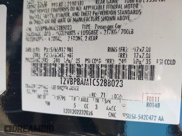 2012 Ford Mustang Premium with VIN 1ZVBP8AM1C5288023, listed as a IAAI auction lot 42486009 with 143,525 mi miles and . Bid and sale history available at DreamBid. Image 9.