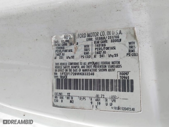 1998 Ford F-150 Standard with VIN 1FTZF1728WKB33248, listed as a IAAI auction lot 41450724 with NaN miles. Bid and sale history available at carsss.com. Image 9.