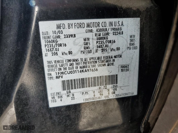 2004 Ford Escape XLT with VIN 1FMCU03114KA97656, listed as a Copart auction lot 48920965 with 229,620 mi miles and Salvage Title. Bid and sale history available at carsss.com. Image 15.