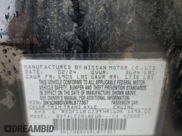 2024 Nissan Versa S with VIN 3N1CN8DVXRL877357, listed as a Copart auction lot 55453295 with 38,725 mi miles and Clean Title. Bid and sale history available at DreamBid. Image 12.
