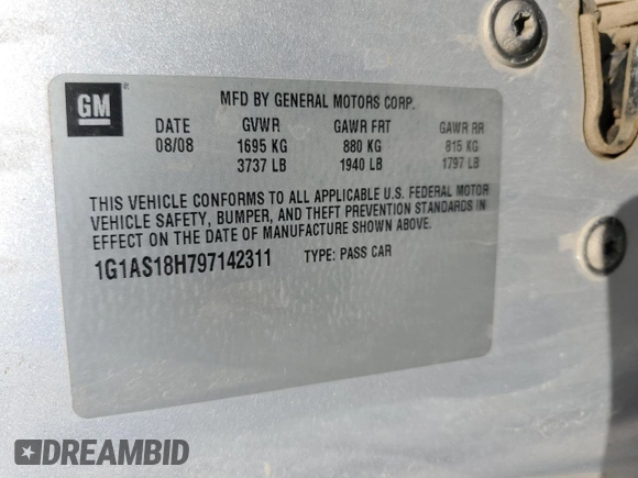 2009 Chevrolet Cobalt LS with VIN 1G1AS18H797142311, listed as a Copart auction lot 44652125 with Not Provided miles and Clean Title. Bid and sale history available at DreamBid. Image 12.
