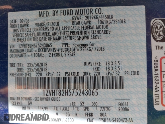 2007 Ford Mustang GT Deluxe с VIN 1ZVHT82H575243065, выставлен на аукционе IAAI как лот 42467593 с пробегом 316 877 миль миль и . История ставок и продаж доступна на DreamBid. Изображение 9.