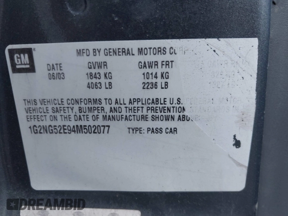 2004 Pontiac Grand Am SE2 with VIN 1G2NG52E94M502077, listed as a IAAI auction lot 41820938 with 217,489 mi miles. Bid and sale history available at carsss.com. Image 9.