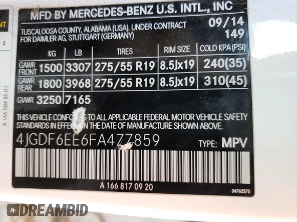 2015 Mercedes-Benz GL-Class GL 450 with VIN 4JGDF6EE6FA477859, listed as a Copart auction lot 70937732 with 71,102 mi miles. Bid and sale history available at carsss.com. Image 13.