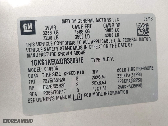 2013 GMC Yukon XL SLT with VIN 1GKS1KE02DR330318, listed as a IAAI auction lot 41526110 with 187,699 mi miles. Bid and sale history available at carsss.com. Image 9.