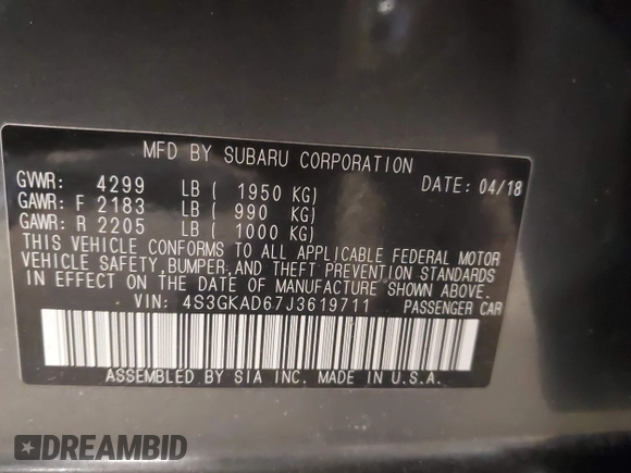 2018 Subaru Impreza Premium z VIN 4S3GKAD67J3619711, wystawiony jako IAAI lot #41475064 z przebiegiem 58 818 mil mil oraz . Historia ofert i sprzedaży dostępna na DreamBid. Obrazek 9.