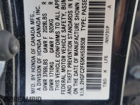 2019 Honda Civic Sedan LX with VIN 2HGFC2F65KH538508, listed as a Copart auction lot 50286545 with 61,169 mi miles and Salvage Title. Bid and sale history available at carsss.com. Image 12.