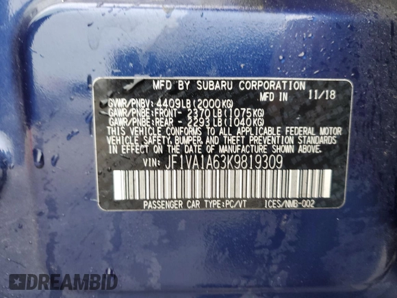 2019 Subaru WRX с VIN JF1VA1A63K9819309, выставлен на аукционе Copart как лот 57172335 с пробегом 85 173 миль миль и Списание • Salvage title. История ставок и продаж доступна на DreamBid. Изображение 13.
