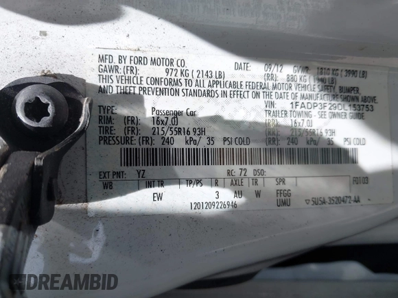 2013 Ford Focus SE с VIN 1FADP3F29DL153753, выставлен на аукционе IAAI как лот 42718747 с пробегом 169 501 миль миль и . История ставок и продаж доступна на DreamBid. Изображение 9.