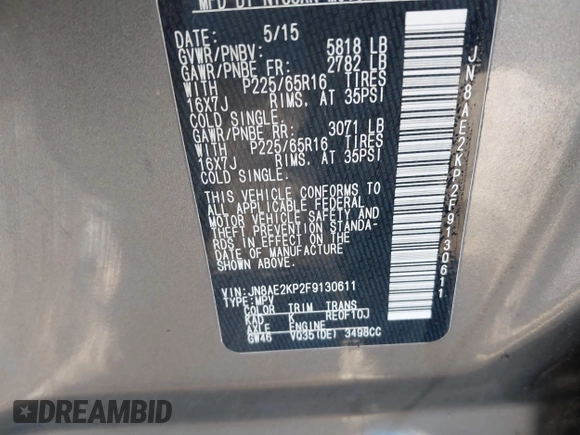 2015 Nissan Quest SV with VIN JN8AE2KP2F9130611, listed as a IAAI auction lot 41798017 with 79,228 mi miles. Bid and sale history available at carsss.com. Image 9.