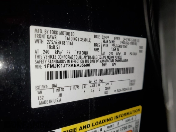 2019 Ford Expedition Max XLT with VIN 1FMJK1JT8KEA35688, listed as a Copart auction lot 51369695 with 174,454 mi miles and Salvage title. Bid and sale history available at DreamBid. Image 13.